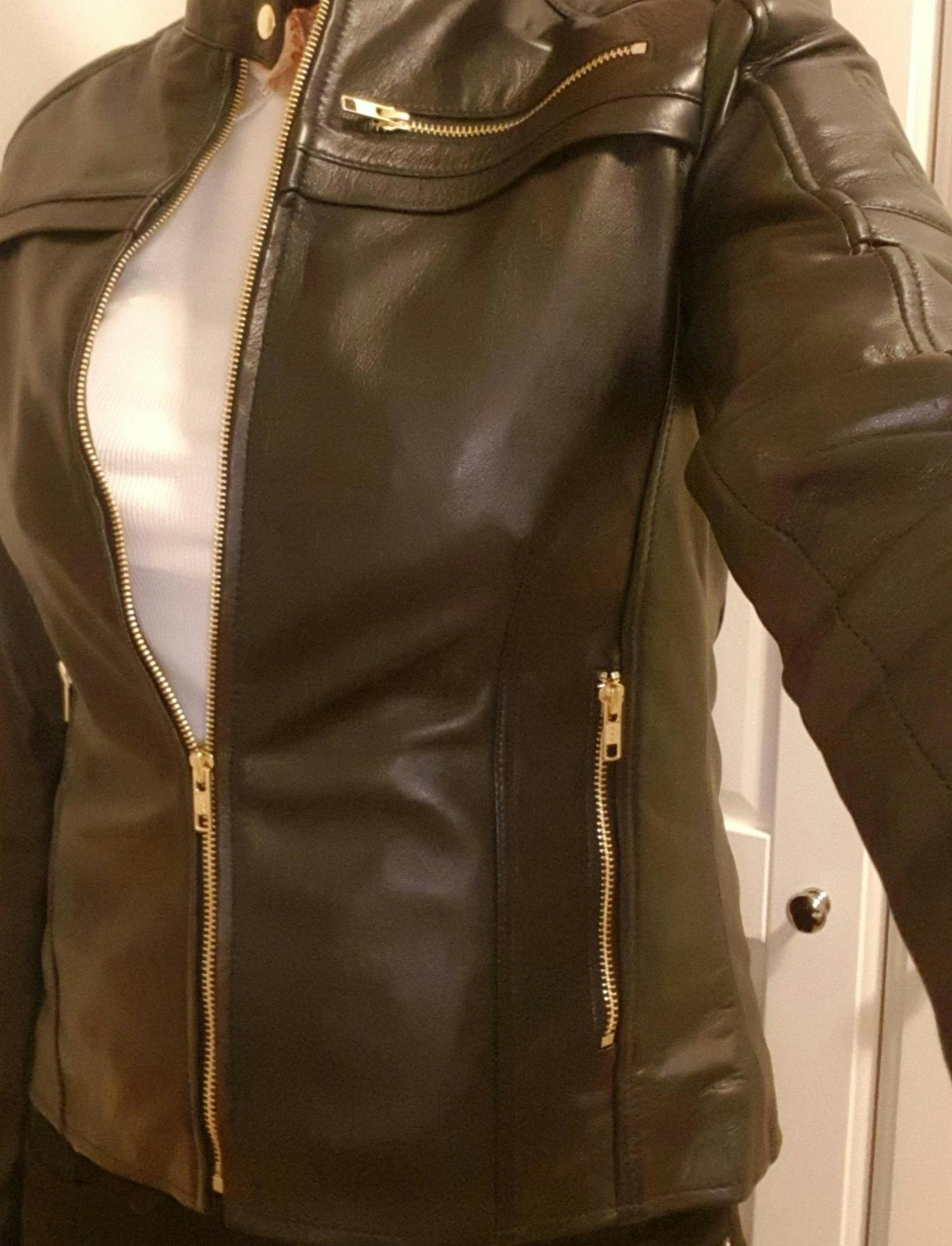 Women Black Handmade Padded Real Leather Jacket with Gold Zippers
